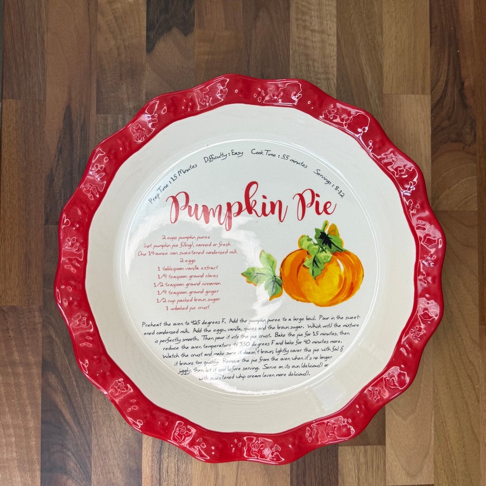 The Pioneer Woman Pumpkin Pie Recipe Stoneware Baker Red Ruffled Floral 10.5 in